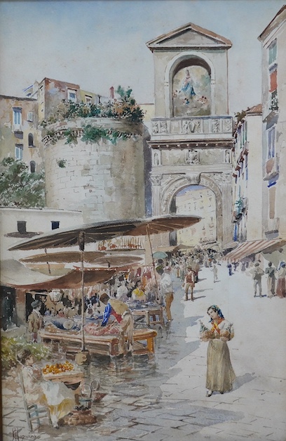 Michele Capuano (Italian, 19th. C), watercolour, Market scene, signed, 51 x 33cm. Condition - fair